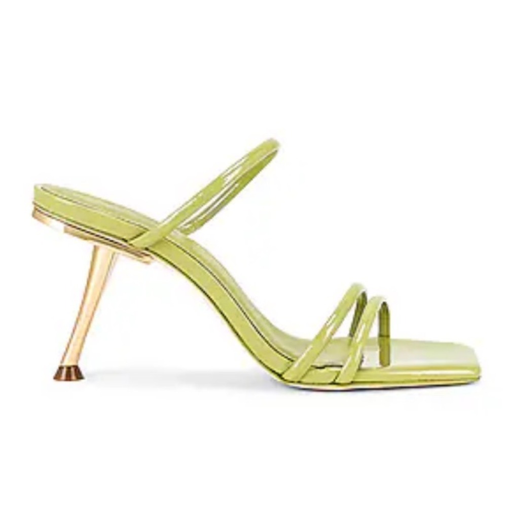 Cult Gaia Green Patent Leather Square Toe Strapp Gold Stiletto Heel Mule Size 35